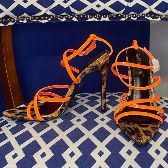 Neon orange brown black leopard cheetah strappy pointy toe high heel sandals - Picture 1 of 5
